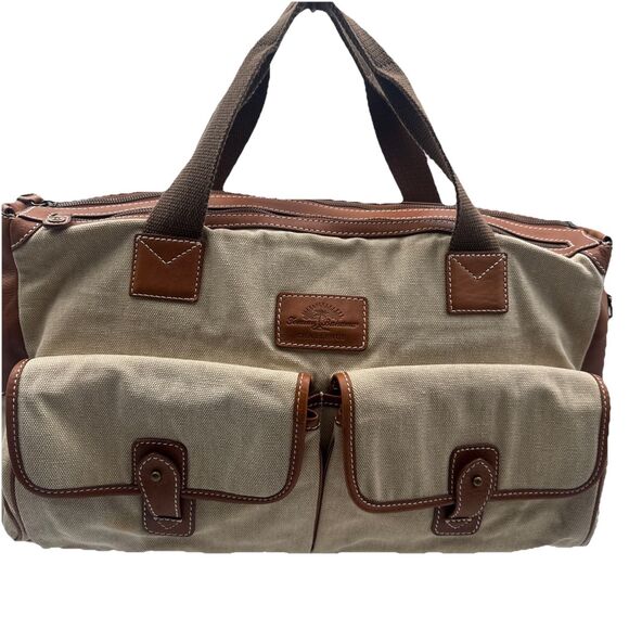 Tommy Bahama Challenge Large Brown Biege Canvas/leather Duffle Weekender Bag - Picture 1 of 16